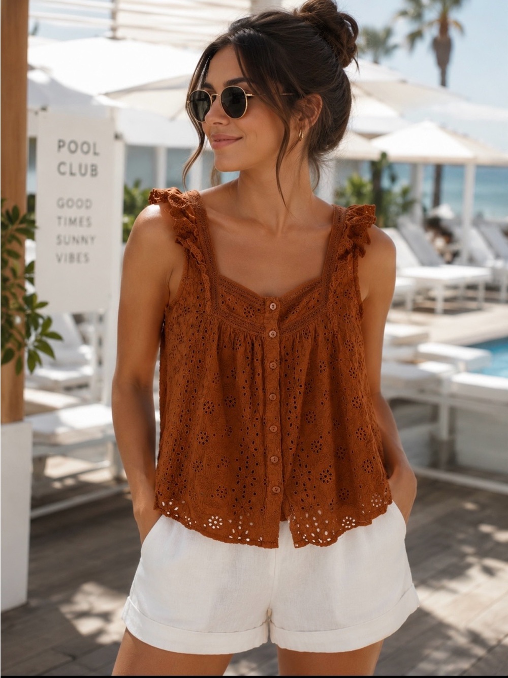 Lucky Brand Rust Eyelet Button Front Camisole